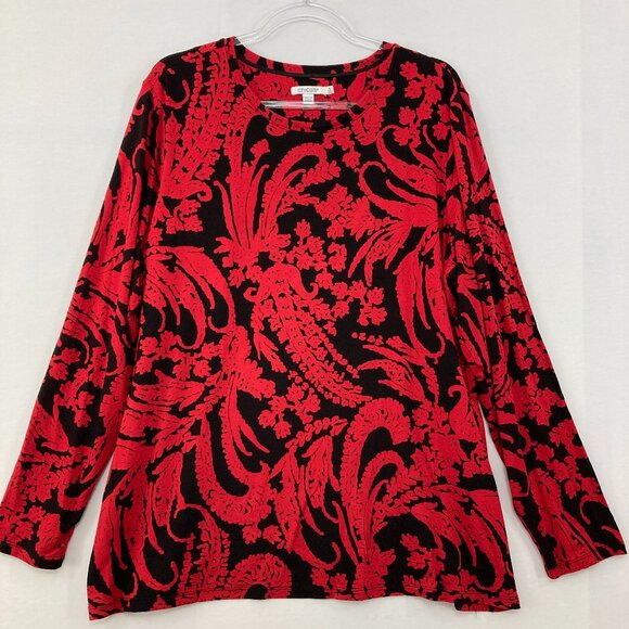 Chico's size XXL Red Black Floral Stretch Knit Crew Neck Long Sleeve Blouse - Picture 1 of 9